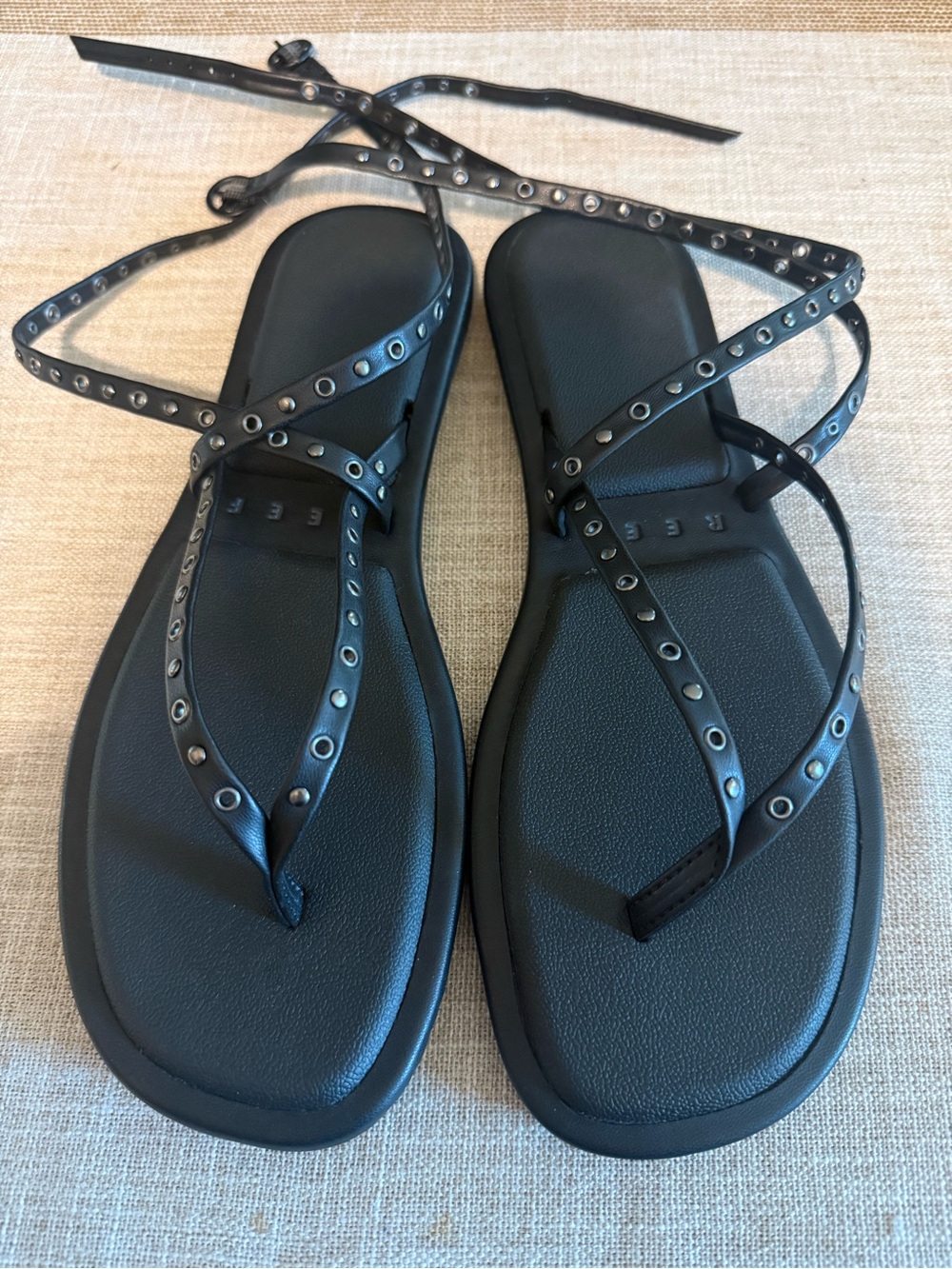 Reef Black Studded Lace-Up Flat Sandals